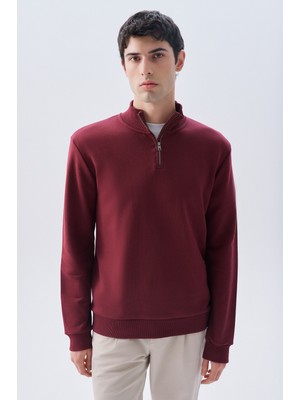 Erkek Bordo Fermuarlı Dik Yaka Sweatshirt