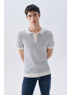 Çizgili Polo Yaka Kısa Kollu Triko Kazak