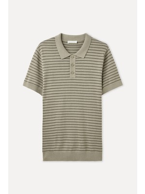 Çizgili Polo Yaka Kısa Kollu Triko Kazak