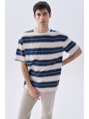 MUDO Çizgili Oversıze Bisiklet Yaka T-Shırt