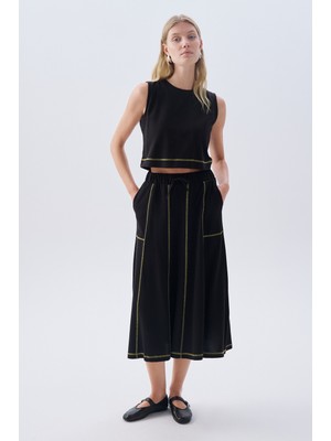 Dikiş Detaylı Cepli Beli Bağlamalı Midi Etek