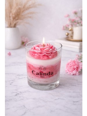 Calinda Candles Pembe Şakayık Tasarımlı Gül Kokulu Renk Geçişli %100 Soya Wax Dekoratif Cam Mum