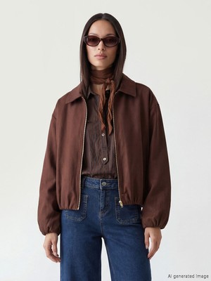 Lcw Kahverengi Gömlek Yaka Oversize Kadın Süet Görünümlü Ceket
