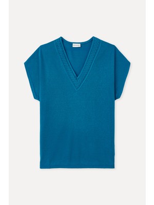 MUDO Dantelli V Yaka Kısa Kollu Bluz