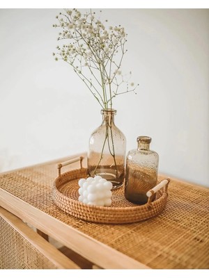 Rattan Kulplu Yuvarlak Tepsi Organizer & Dekoratif Mutfak, Banyo ve Makyaj Sunum Tepsisi