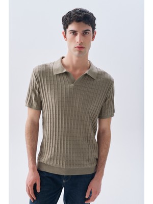 Tekstürlü Polo Yaka Kısa Kollu Triko Kazak