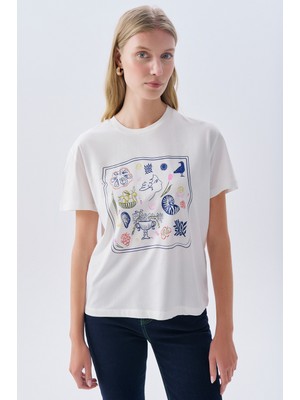 Baskılı Oversıze Bisiklet Yaka T-Shırt