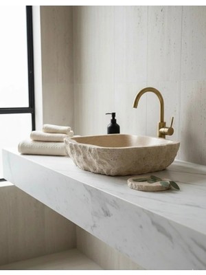 Doğal Traverten Taş Lavabo - El Işçiliği Ham Kenar Çanak Lavabo 55X42CM