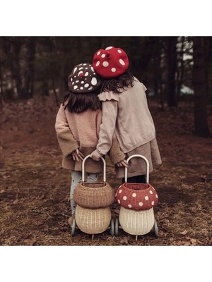 Rattan & Bambu Kırmızı Mantar Figürlü Pazar Arabası & Çocuk Odası Dekoratif Organizer