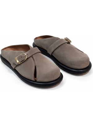 Ne&Ve Shoes Vizon Süet Hakiki Deri Tokalı Kadın Günlük Rahat Sabo Terlik