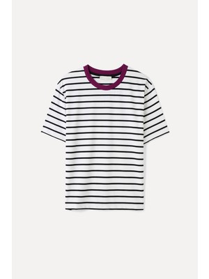 Çizgili Oversıze Bisiklet Yaka T-Shırt