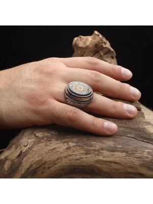 Osmanlı Gümüş Erkek Yüzük Kehribar Taşlı İnşirah Suresi Yazılı 26 Ölçüde Özel Tasarım