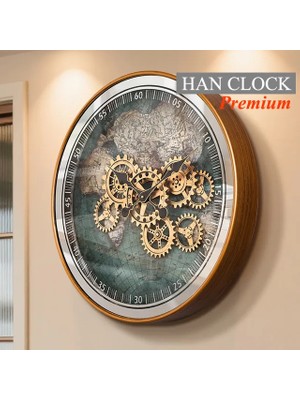 Han Clock Royal Dünya Haritalı Premium Metal Çarklı Duvar Saati