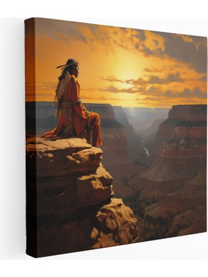 Popcas Kırmızı Kızılderili Duvar Sanatı - Huzurlu Şef Kanvas Tablo - Kızılderili Batan Güneş Ev Dekorasyonu Hayranlık