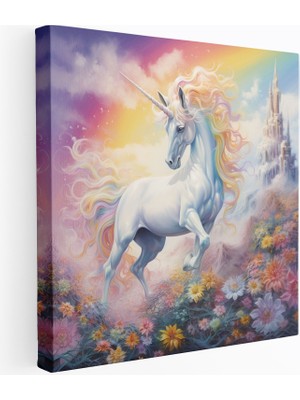 Popcas Renkli Unicorn Kanvas Tablo - Renkli Fantezi Pastel Çizim Sihirli