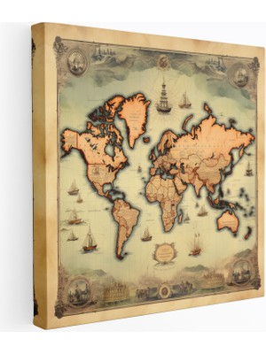 Popcas Dünya Haritası Kanvas Tablo - Vintage Harita Illüstrasyonu - Dünya Haritası Antika Tarz Kanvas Duvar Sanatı