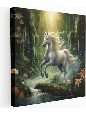 Popcas Masalsı Unicorn Kanvas Tablo - Parlak Bir Şelalenin Altında Dans Eden - Unicorn Parlak Şelale Duvar Sanatı Ev Dekorasyonu