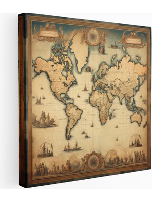 Popcas Dünya Haritası - Antika Vintage Tarzı Kanvas Tablo - Dünya Haritası Vintage Tarzı Antika Kanvas Duvar Sanatı