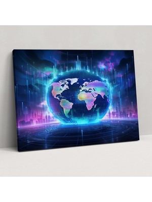 Popcas Holografik Dünya Haritası Kanvas Tablo - Dünya Haritası Ev Dekorasyonu Kanvas Duvar Sanatı