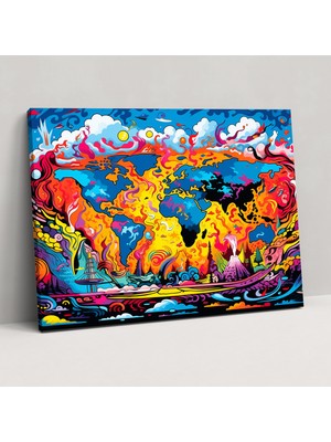 Popcas Pop Art Dünya Haritası Kanvas Tablo - Dünya Haritası Kanvas Kanvas Duvar Sanatı