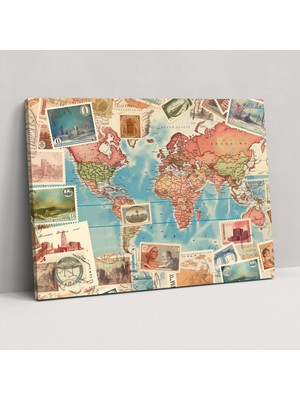 Popcas Vintage Seyahat Damgaları Dünya Haritası Duvar Sanatı - Dünya Haritası Kanvas Tablo Duvar Dekorasyonu