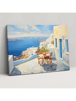 Popcas Santorini Manzaralı Yağlıboya Tablo - Etkileyici Bir Sanat Eseri - Santorini Huzur Dolu Teras Manzarası Oia Köyü Duvar Dekorasyonu