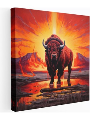 Popcas Kırmızı Hintli Duvar Sanatı - Günbatımında Asil Büyük Boğa - Hintli Büyük Boğa Ev Dekorasyonu