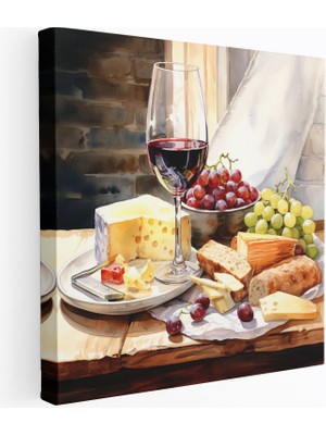 Popcas Gerçekçi Şarap ve Peynir Duvar Sanatı Kanvas Tablo - Natüral Stil Realistik Suluboya Resim Ev Dekorasyonu