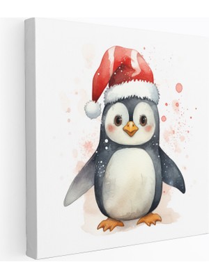 Popcas Sevimli Suya Boyalı Noel Baba Şapkalı Penguen Kanvas Tablo
