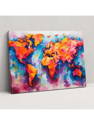Popcas Dünya Haritası Duvar Sanatı - Renkli Soyut Dünya Haritası Kanvas Tablo Duvar Dekorasyonu