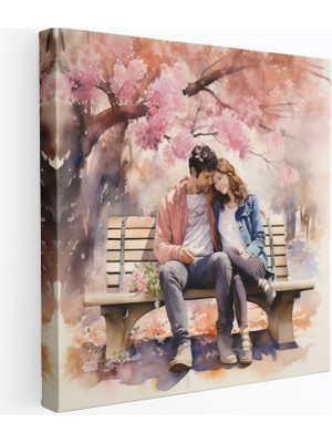 Popcas Romantik Park Bankı Duvar Sanatı - Romantik Kanvas Tablo Çiçekler Açan Sanat