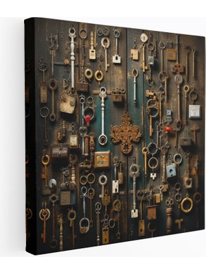 Popcas Rustik Anahtarlar ve Kilitler Duvar Dekorasyonu - Rustik Ahşap Kapılar Antika Anahtarlar Kanvas Duvar Sanatı