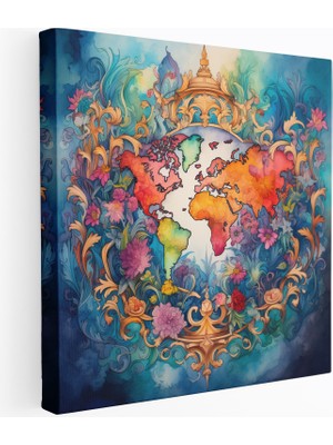 Popcas Dünya Haritası Suluboya Kanvas Tablo - Ev Dekorasyonu Canlı Renkler