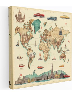 Popcas Dünya Haritası - Vintage Seyahat Retro Kanvas Tablo - Duvar Sanatı Seyahat Duvar Dekorasyonu