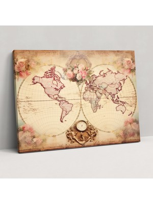 Popcas Romantik Dünya Haritası Kanvas Tablo - Fakirlikte Zarafet Ev Dekorasyonu Eski Dünya Çekiciliği