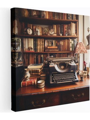 Popcas Retro Daktilo Duvar Dekorasyonu - Vintage Masa Kanvas Tablo
