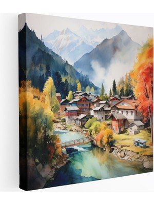 Popcas Dağ Köyü Suluboya Kanvas Tablo - Köy Huzurlu Atmosfer Ev Dekorasyonu