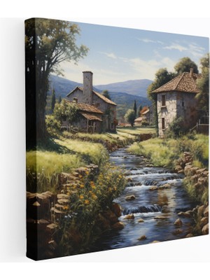 Popcas Eski Taş Köyü Yağlı Boya Kanvas Tablo - Köy Yağlı Boya Eski Taş Evler