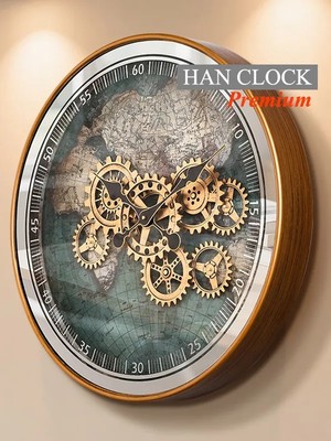 Han Clock Royal Dünya Haritalı Premium Metal Çarklı Duvar Saati