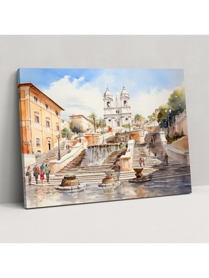 Popcas Ispanyol Merdivenleri Suluboya Duvar Dekorasyonu - Roma Duvar Sanatı Ev Dekorasyonu