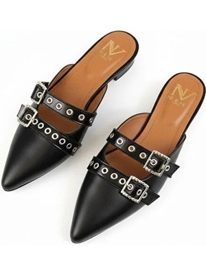 Ne&Ve Shoes Deri Rugan Atkı Detaylı Iki Tokalı Kadın Sivri Burun Sabo Terlik
