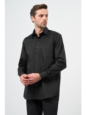 İmza Siyah Sert Yaka Cepli Comfort Fit Classic Pamuklu Gömlek 1004255323