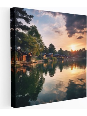 Popcas Günbatımı Göl Kenarı Köy Fotoğrafı Kanvas Tablo - Köy Kanvas Duvar Sanatı Göl Kenarı Köy