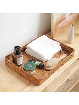 Hasır Rattan Bambu Dikdörtgen Düz Tepsi Organizer & Çok Amaçlı Mutfak, Makyaj ve Banyo Düzenleyici