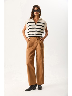 Vena Kadın Pilili Baggy Fit Pantolon - Taba