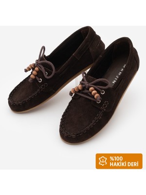 Marjin Kadın Hakiki Deri Bağlamalı Makosen Fiyonklu Boncuklu Dikişli Loafer Günlük Ayakkabı Milton Kahve Süet