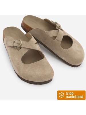 Marjin Kadın Hakiki Deri Önü Kapalı Eva Taban Çapraz Bantlı Günlük Süet Sabo Terlik Menifa Bej Süet