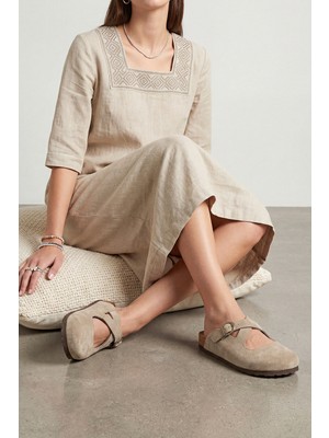 Marjin Kadın Hakiki Deri Önü Kapalı Eva Taban Çapraz Bantlı Günlük Süet Sabo Terlik Menifa Bej Süet