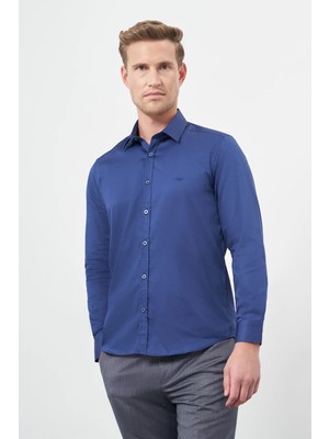 İmza Lacivert Sert Yaka Cepsiz Slim Fit Classic Pamuklu Gömlek 1004255324