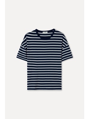 Çizgili Oversıze Bisiklet Yaka T-Shırt